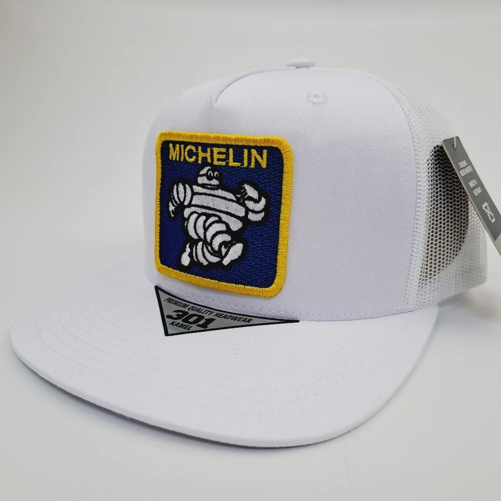 Michelin Man Embroidered Patch Flat Bill Trucker Mesh Snapback Cap Hat White